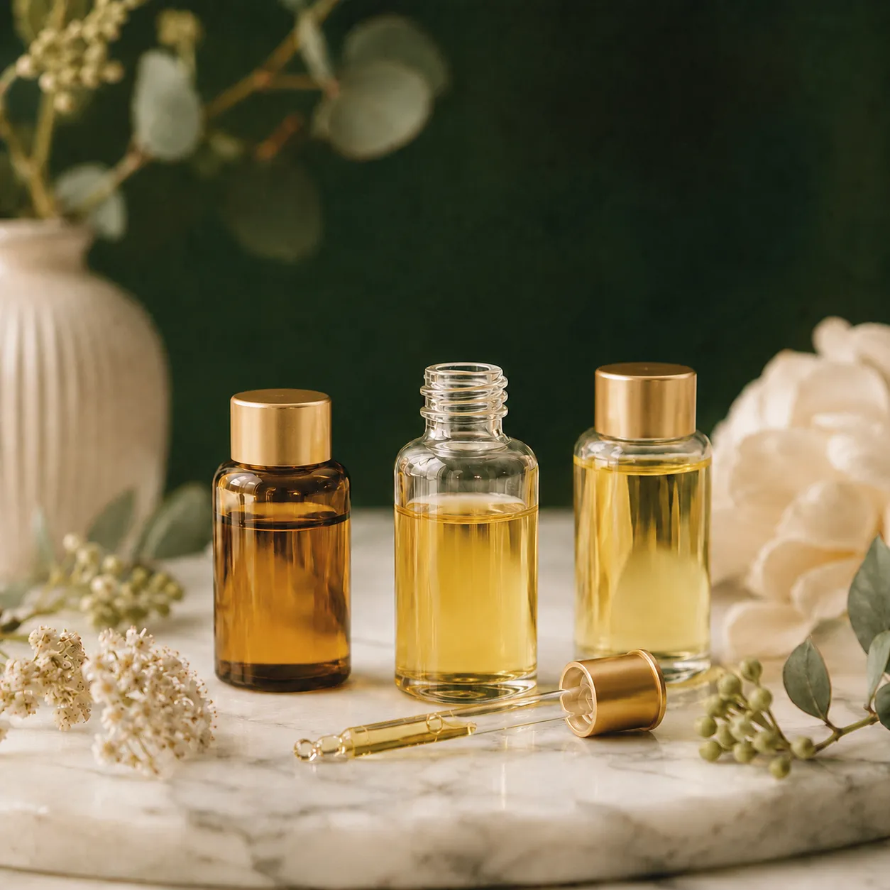 Vials of customized golden serum for the luma GOLD Cocktail